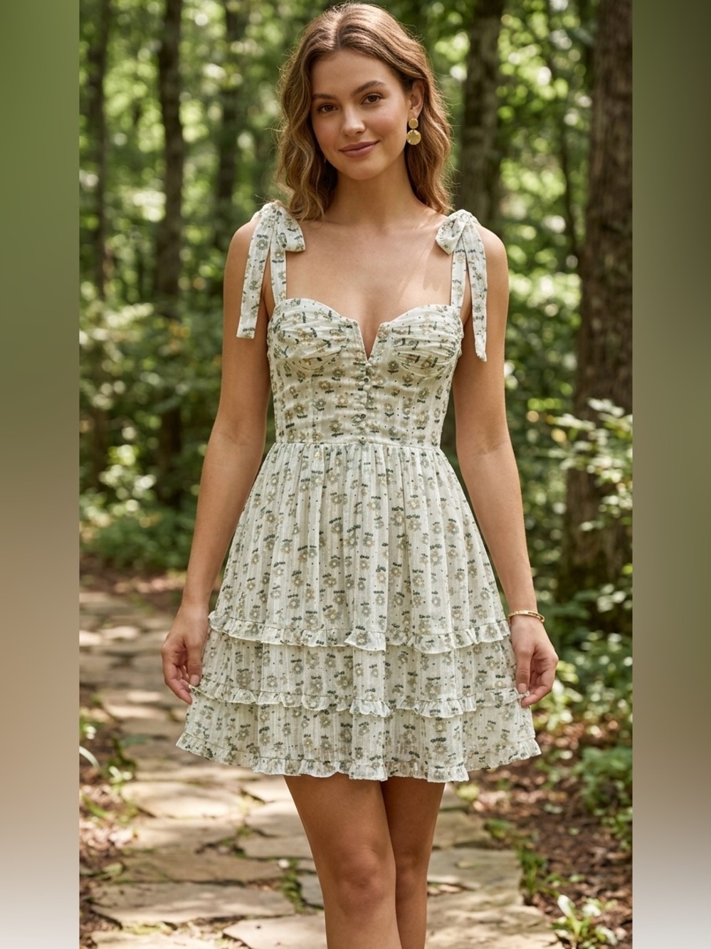 Storia Green Daisy Dotted Print Floral Flirty Mini Dress Size Small